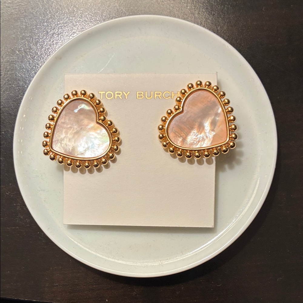 Tory Burch Mother of Pearl Gold Heart Clip On Earrings